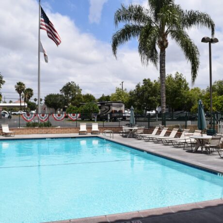 Beautiful view of the pool at Orangeland RV Park in Orange, CA.
