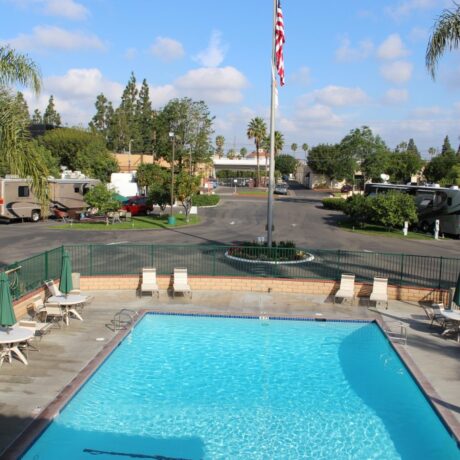 Beautiful view of the pool at Orangeland RV Park in Orange, CA.