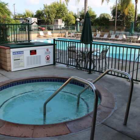 Beautiful view of the Spa & pool at Orangeland RV Park in Orange, CA.