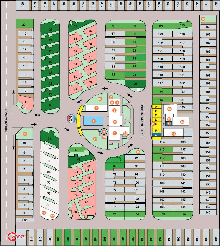 map displaying the layout of Orangeland RV Park, including RV sites, amenities, and key locations in Orange, CA