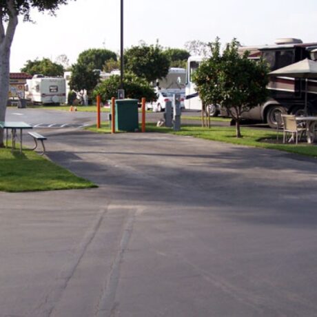 Wide, tree-lined RV sites with full hookups at Orangeland RV Park in Orange, CA.