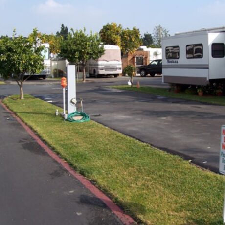Wide, tree-lined RV sites with full hookups at Orangeland RV Park in Orange, CA.