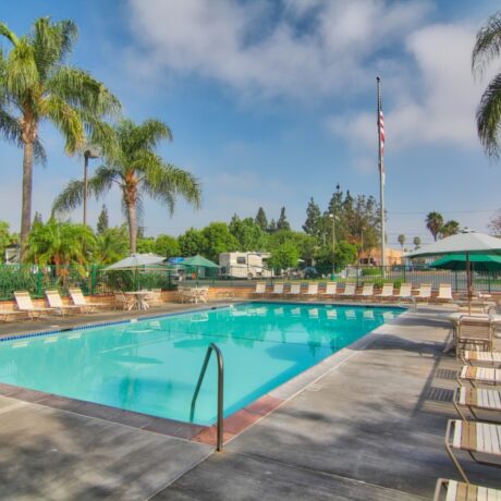 Beautiful view of the pool at Orangeland RV Park in Orange, CA.