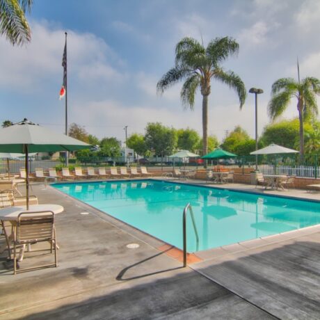Beautiful view of the pool at Orangeland RV Park in Orange, CA.