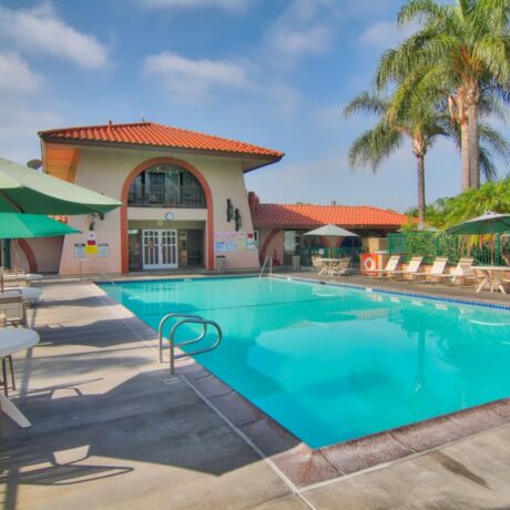 Beautiful view of the pool at Orangeland RV Park in Orange, CA.